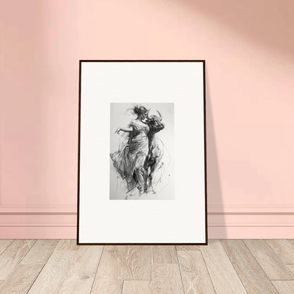 Black and white framed wall art sketch of a flowing figure in motion, Forest Flame Dance