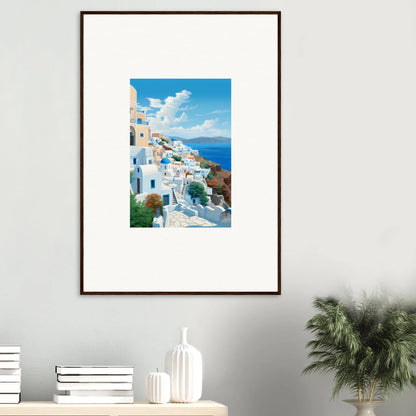 Framed art of Santorini’s white buildings and blue domes, Sunday Stahl special edition