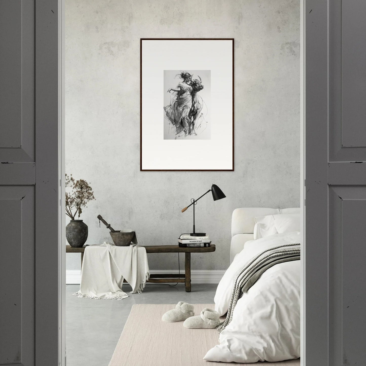 Monochromatic bedroom with minimalist decor featuring Forest Flame Dance framed wall art