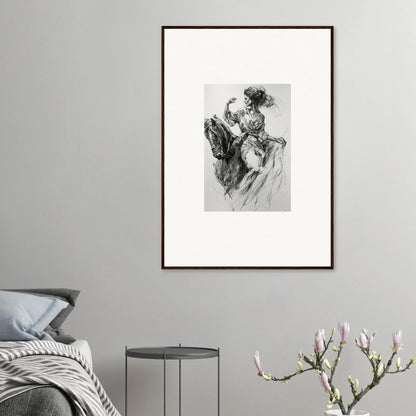 Framed black and white sketch of a rider in side-saddle from Ephemeral Journey Grafikermania