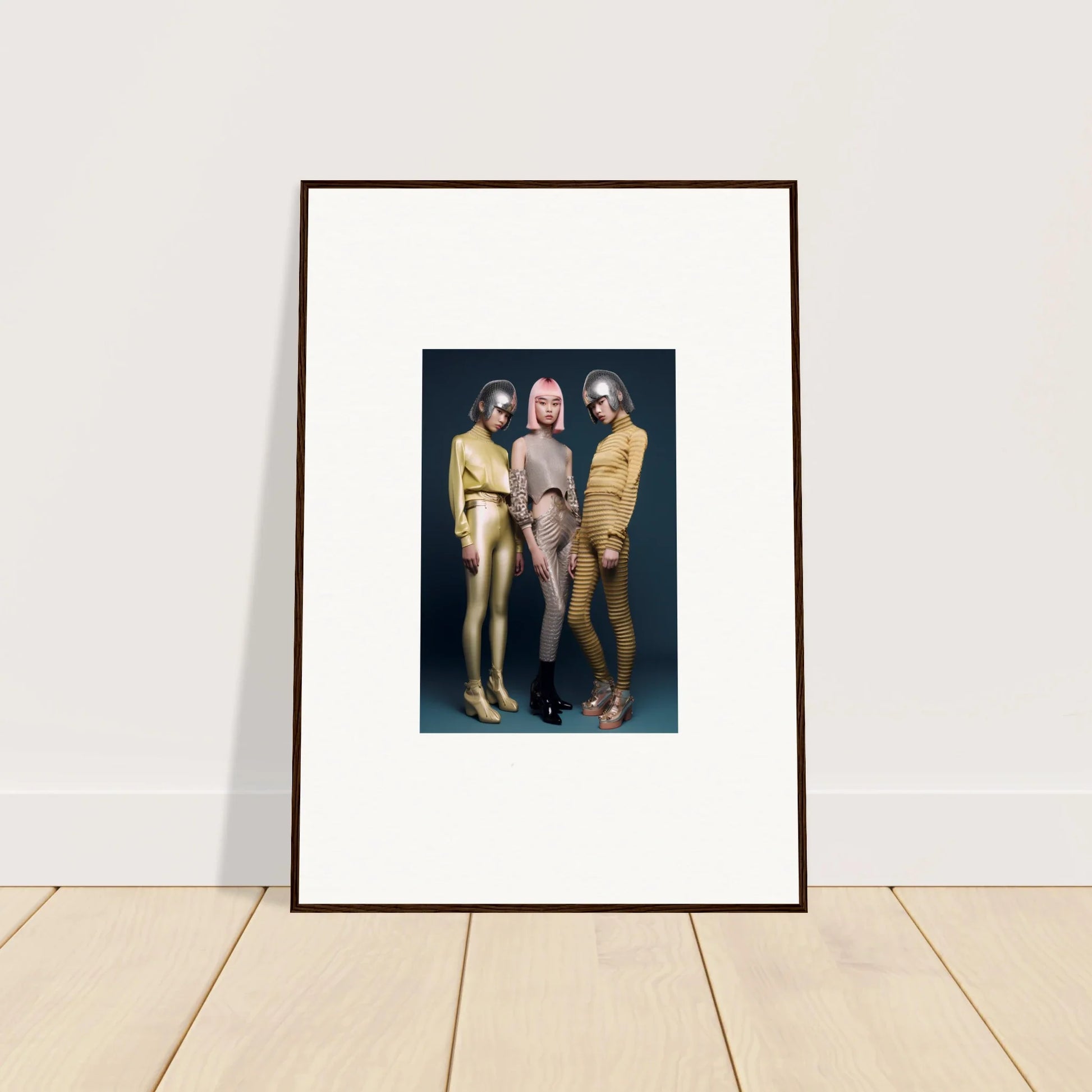 Framed wall art featuring three models in metallic bodysuits from Galactic Fashion Paradigm