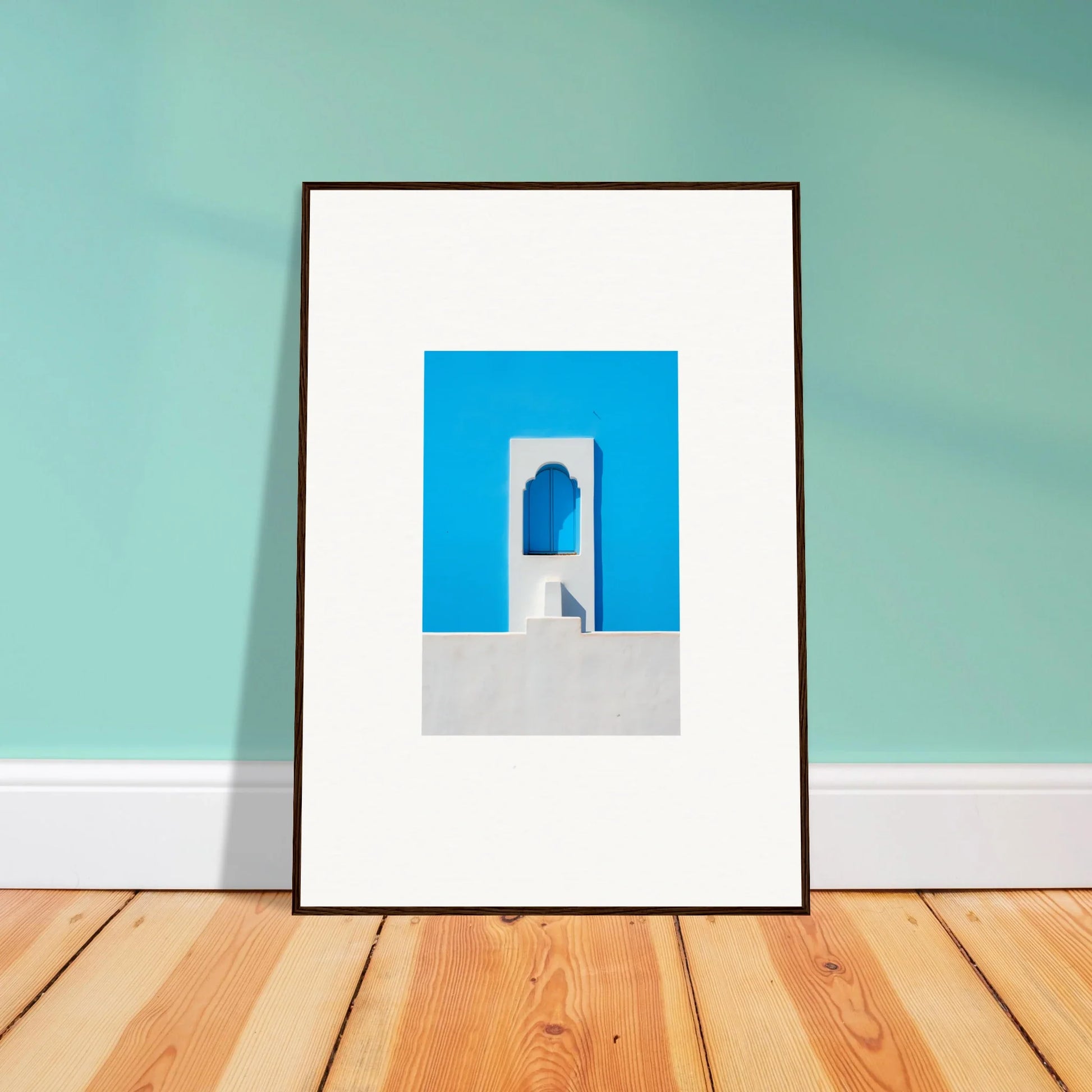 Framed minimalist Oikos Cerulean Aperturearches art print with blue archway on white