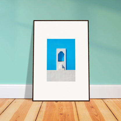 Framed minimalist Oikos Cerulean Aperturearches art print with blue archway on white