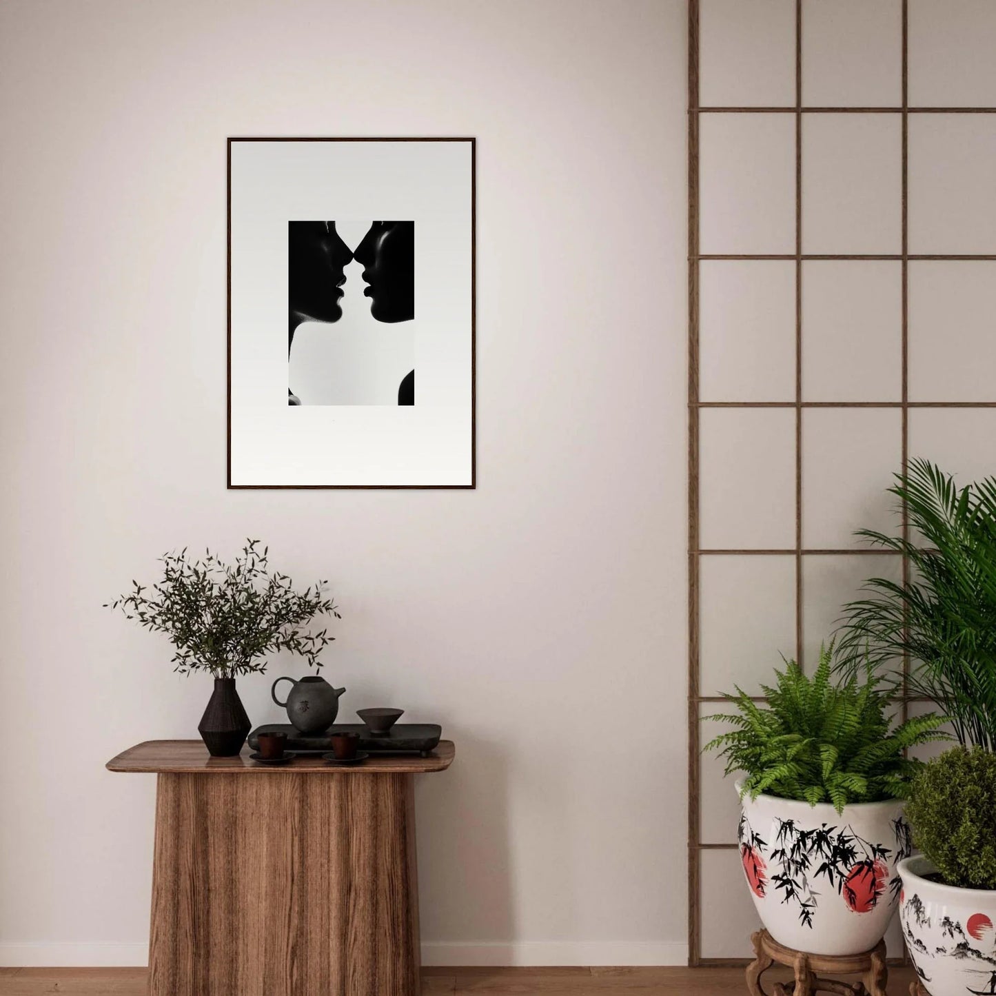 Black and white minimalist art of silhouetted faces in Shadowed Sédual Symphony design