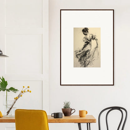 Framed vintage sketch of a woman in flowing dress for Gyroscopic Baudelo Bacon art