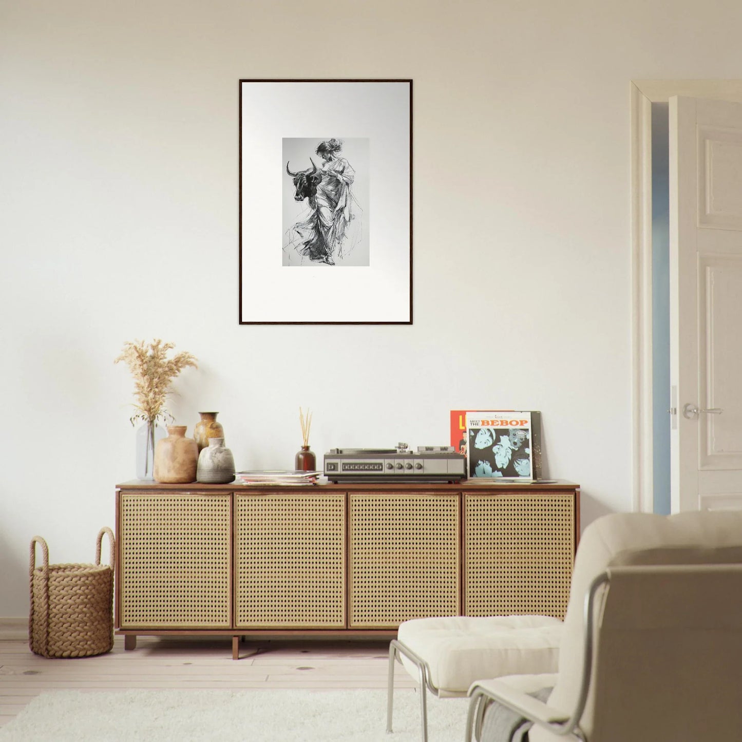 Wooden credenza with cane webbing, part of the special edition art Reverie of Zephyr