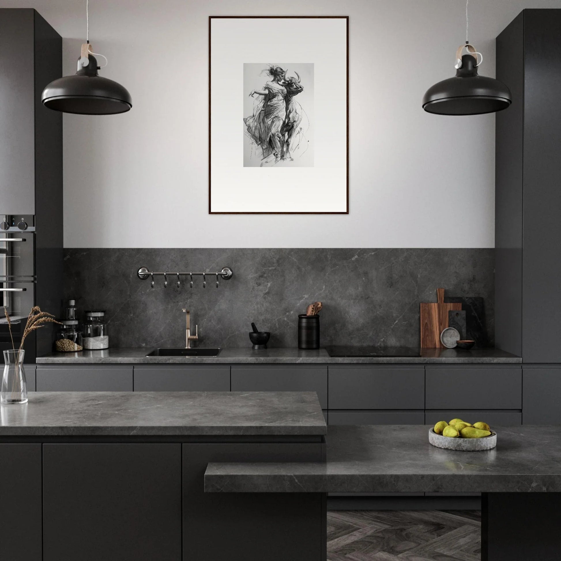 Modern monochromatic kitchen with dark gray cabinets and Forest Flame Dance framed wall art