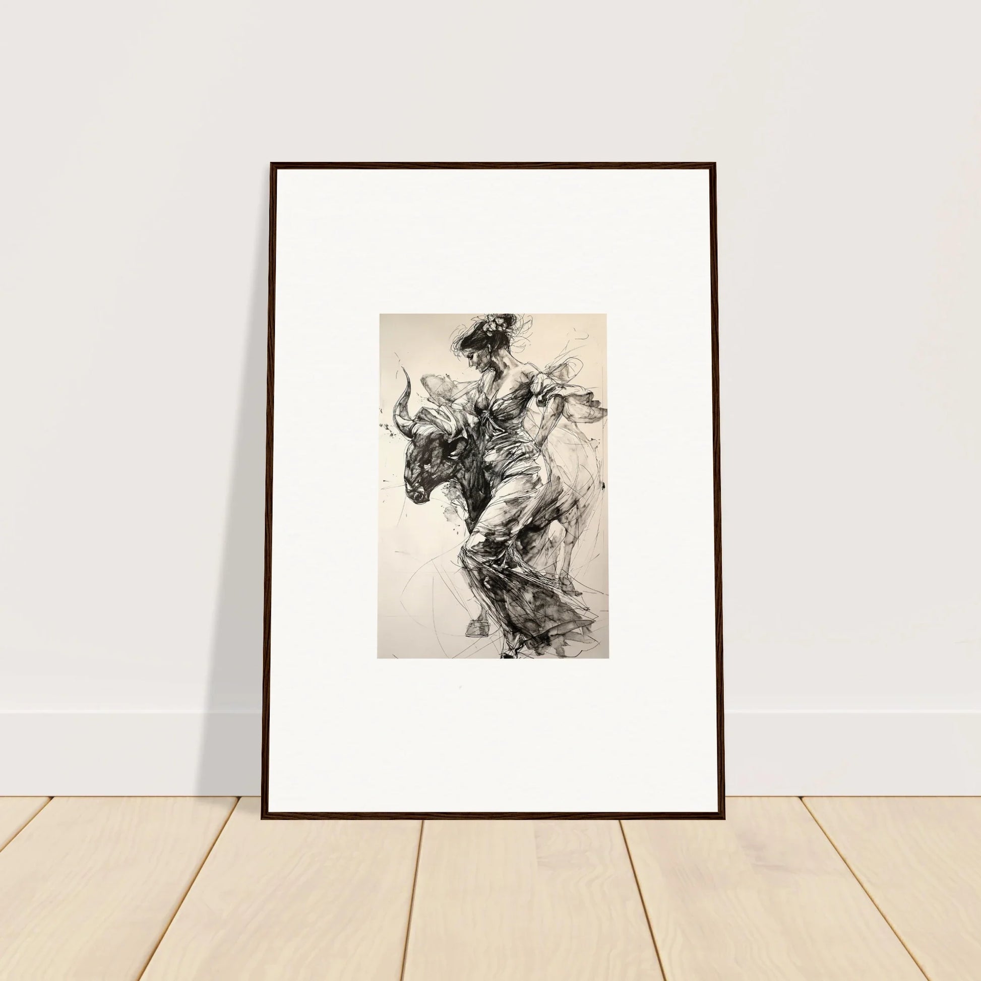 Framed black and white abstract sketch of Labyrinthine Spanish Mirage on white matting