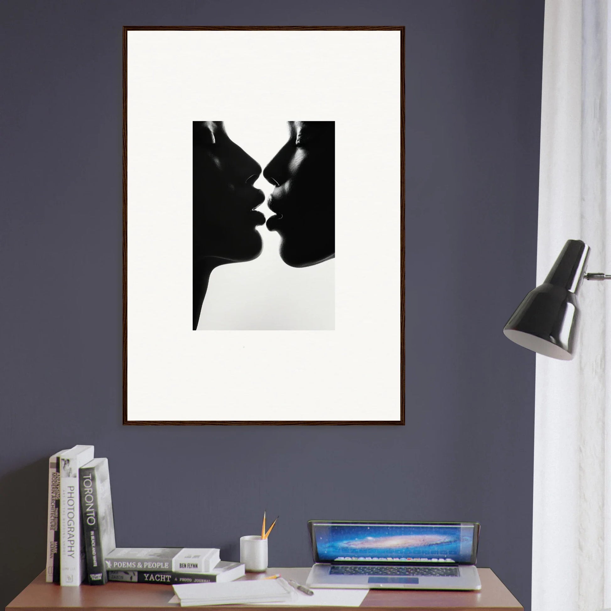 Black and white silhouette art of two profiles about to kiss for Luminous Midnight Kiss