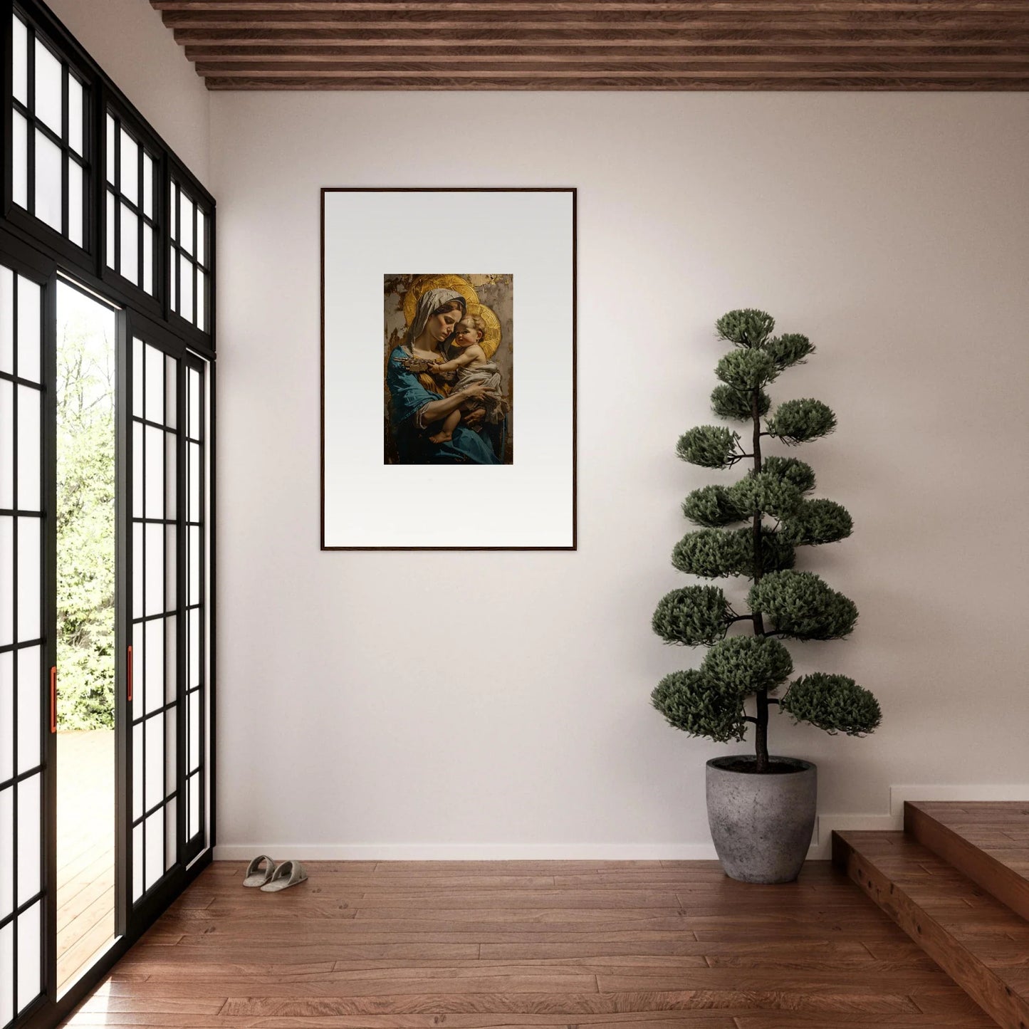 Golden-hued figure embracing a child wall art for cozy room decoration, Sacred Embrace canvas print