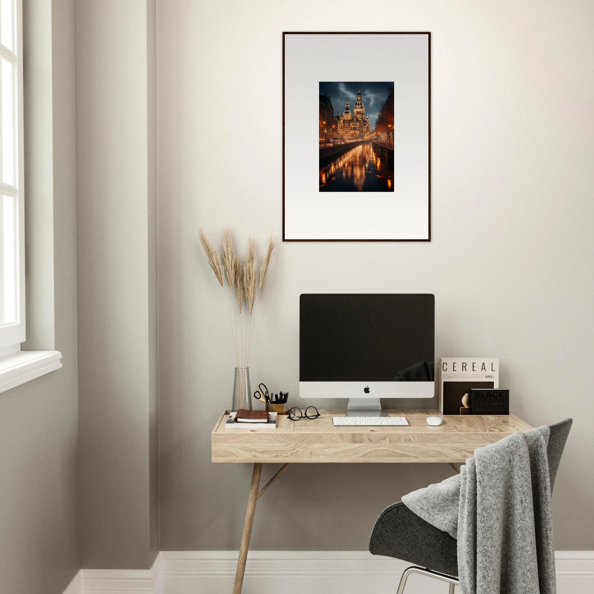 Minimalist wooden desk with iMac and Reflected Dreamscape Tides artwork above it