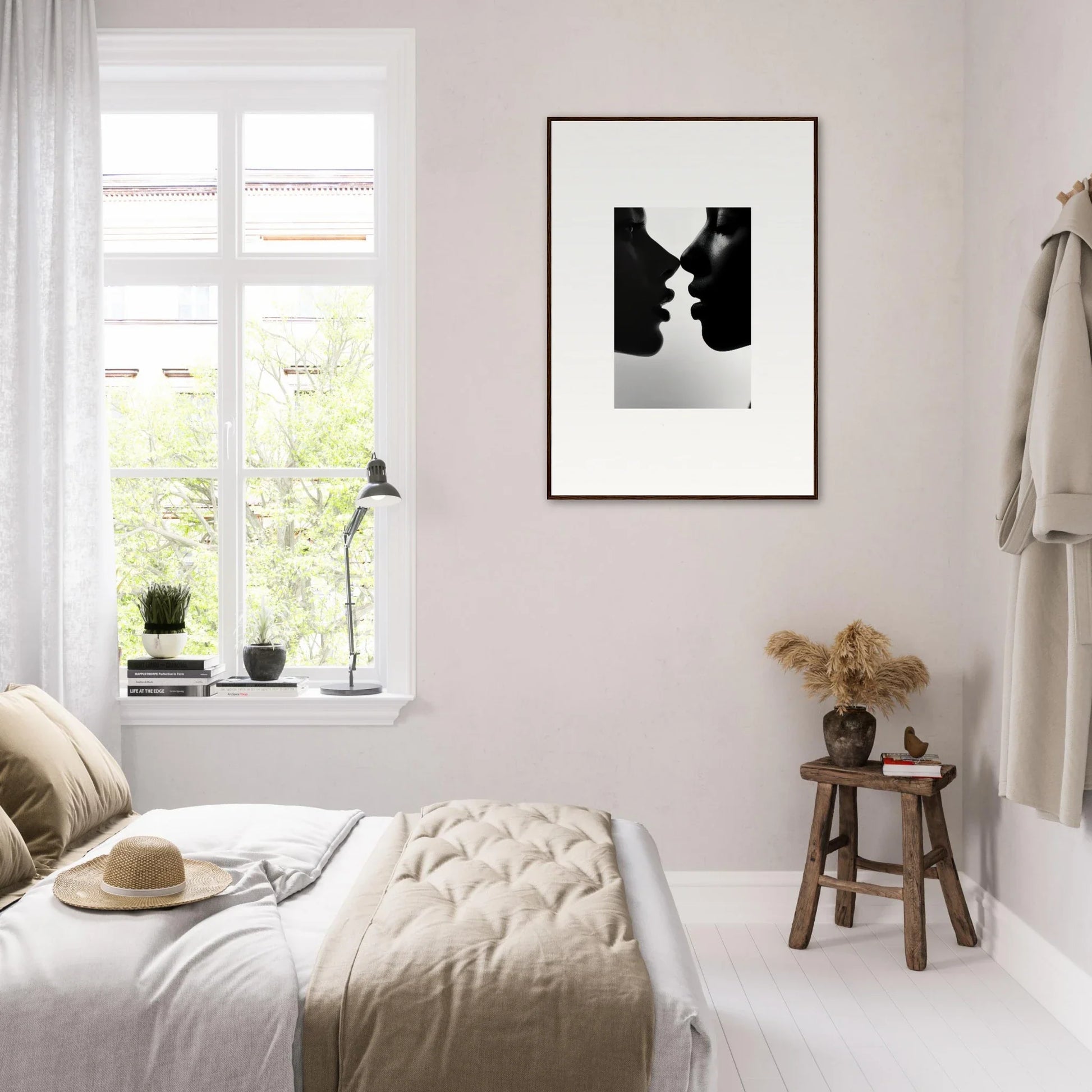 Minimalist black and white bedroom with Narcissus Mirror Haze framed wall art