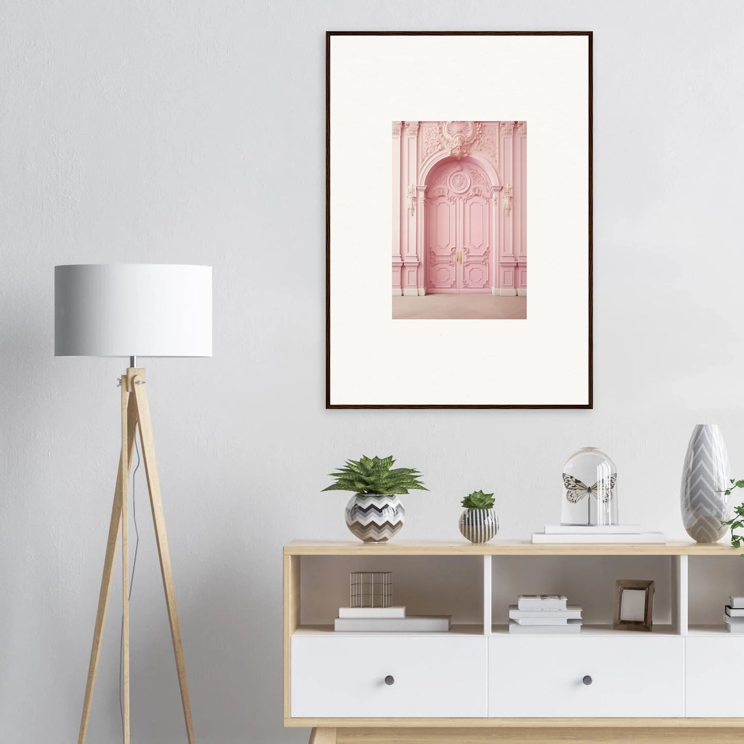 Framed pink architectural photograph of an ornate door, Blush Merciful Renaissance art