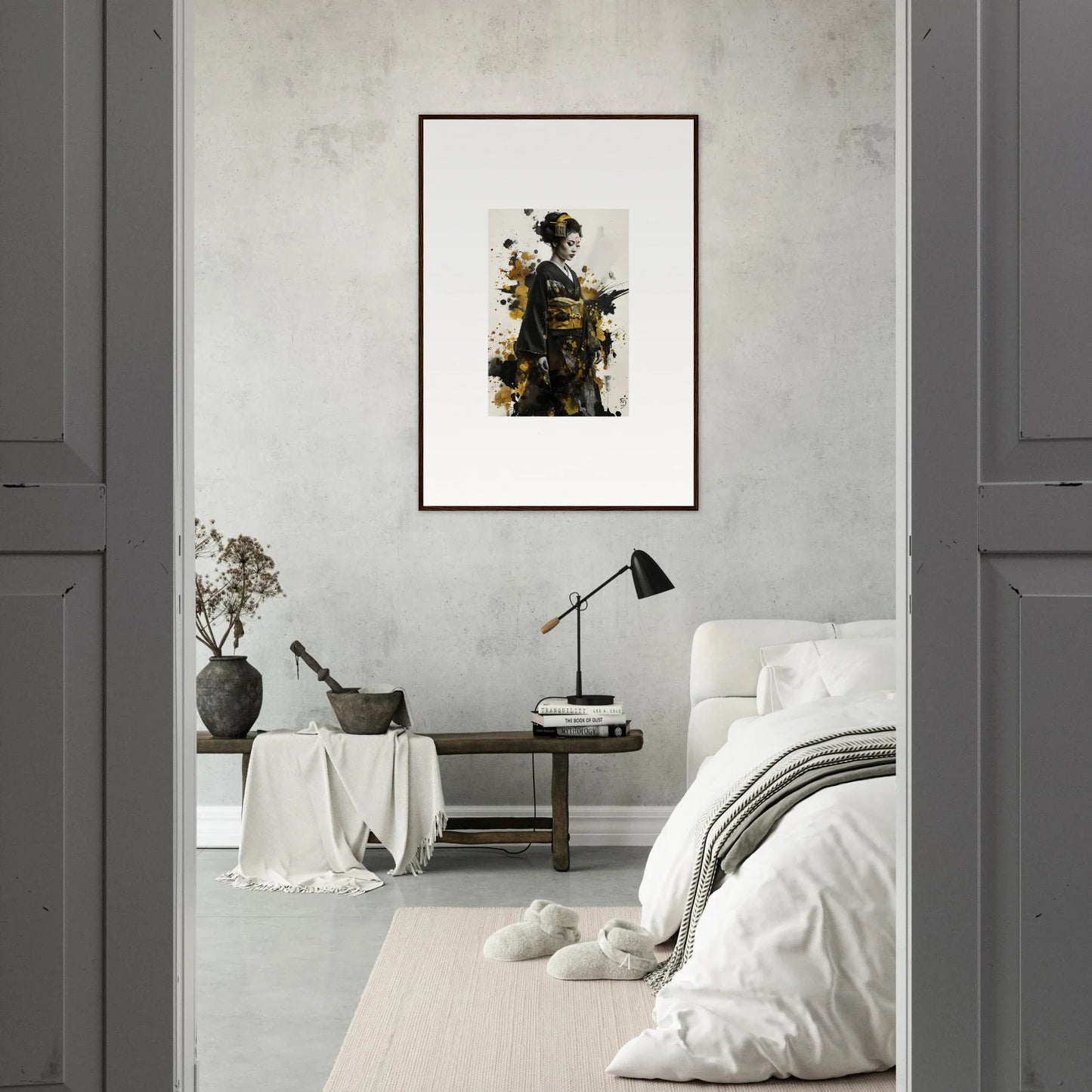 Framed Eclipsed Ukiyo Symphony portrait in stylish black and sepia tones on light wall