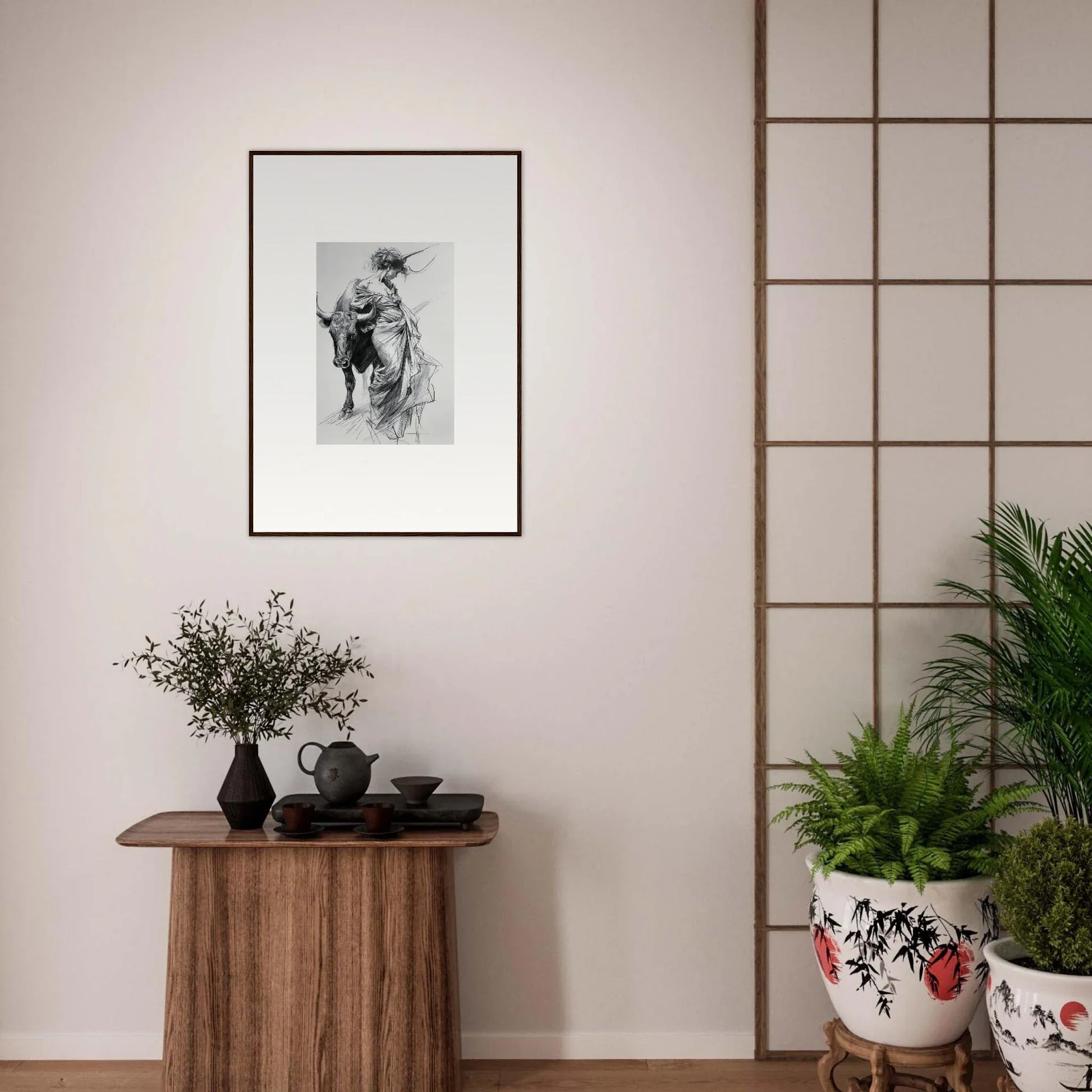 Framed black and white sketch of Minotaur’s Melodic Siesta on a light wall