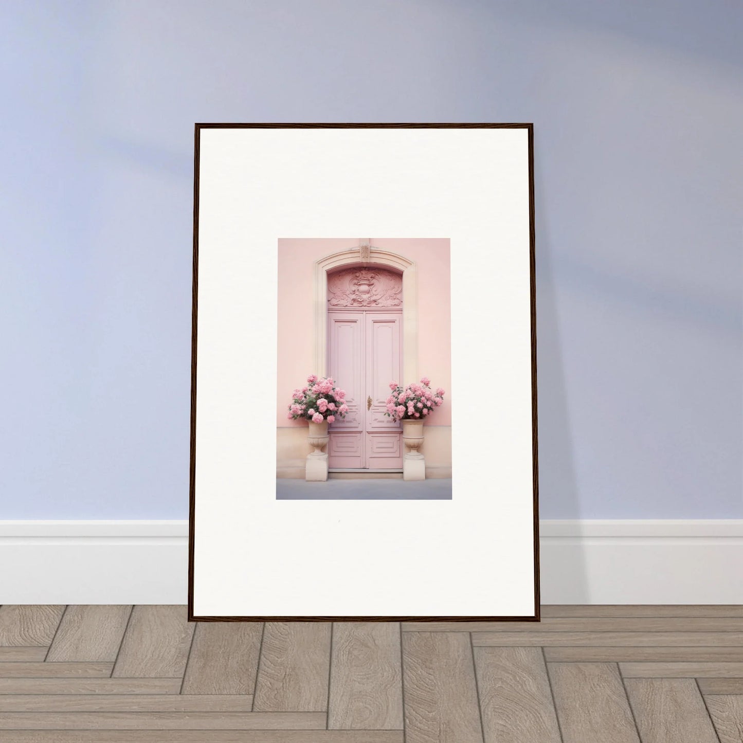 Framed wall art of a pale pink door with floral decor from Rosy Cosmos Gateway