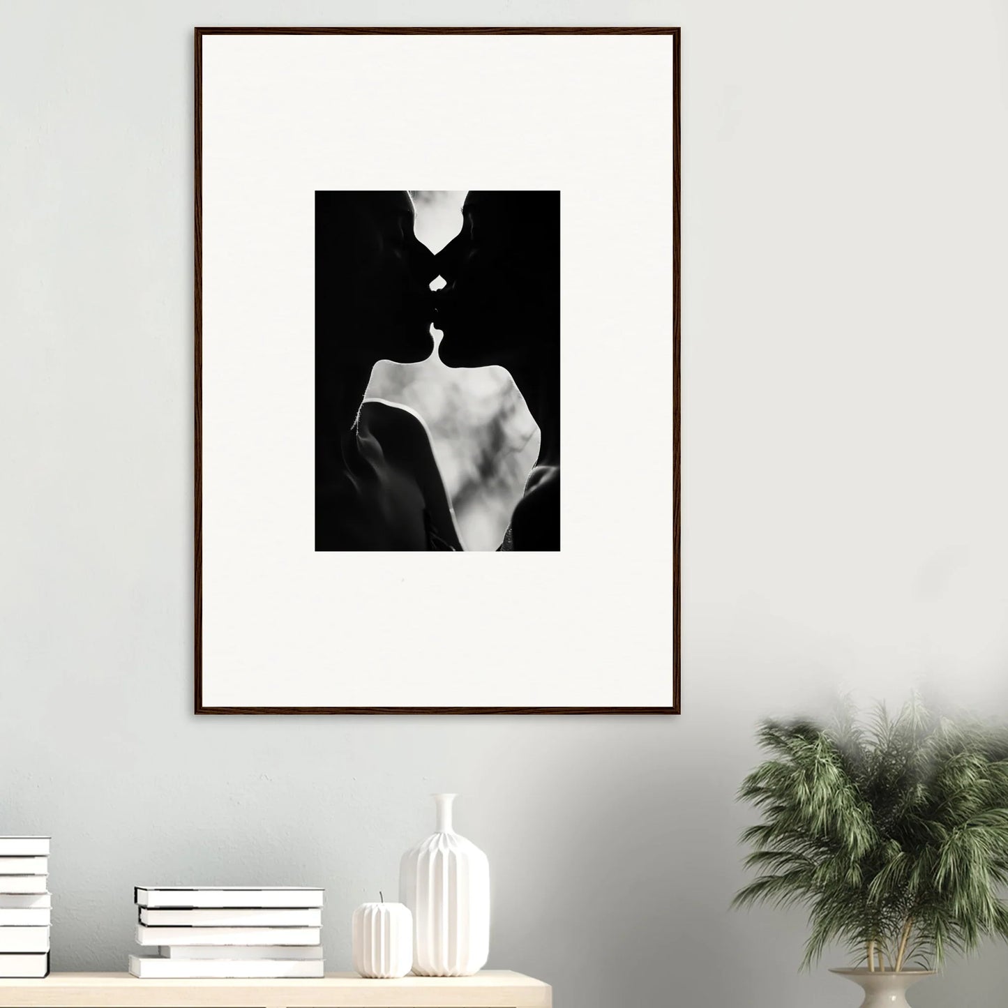 Framed wall art of two silhouettes kissing, part of the Shadowy Dawn Nuance collection