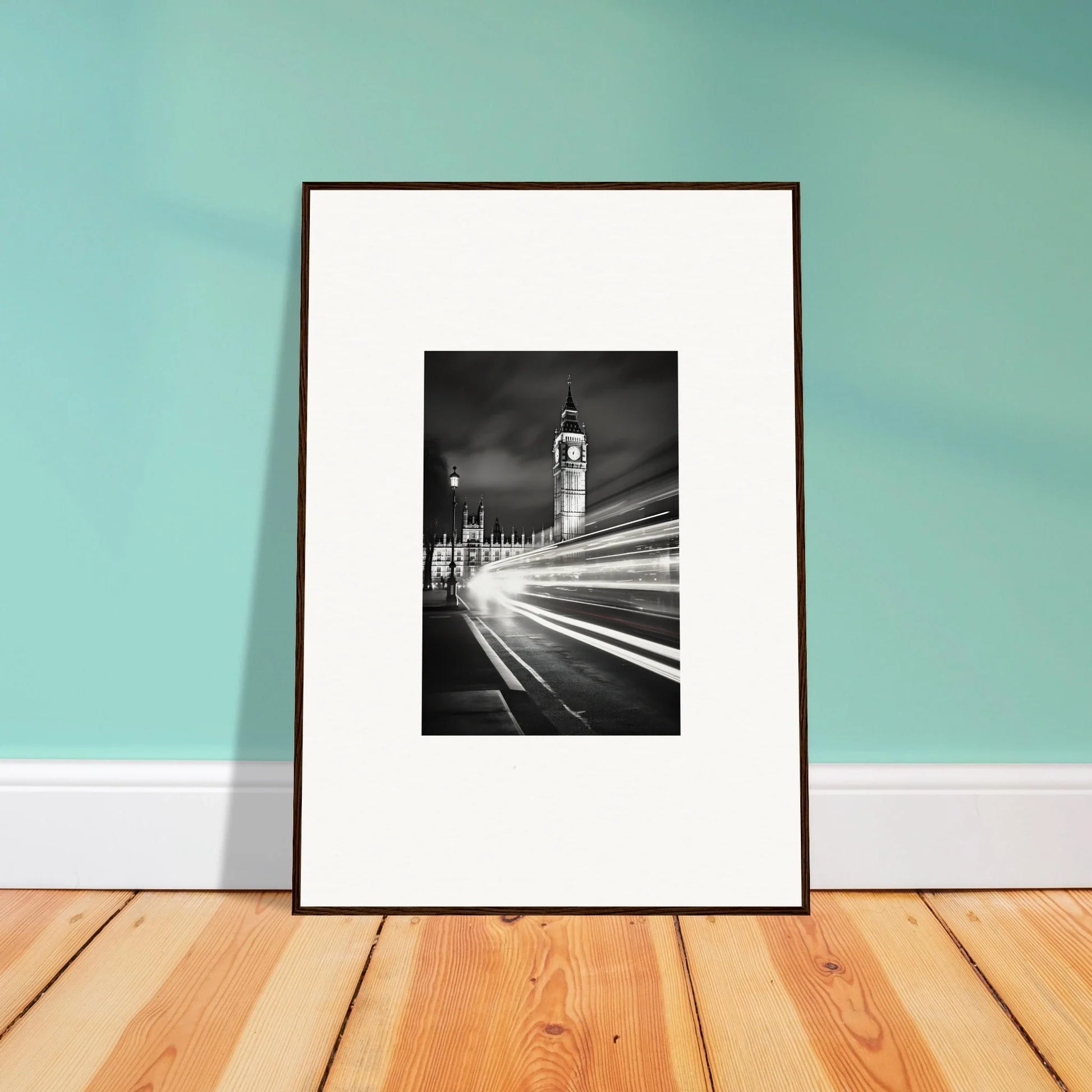 Framed black and white photograph of Big Ben with light trails, special edition art™