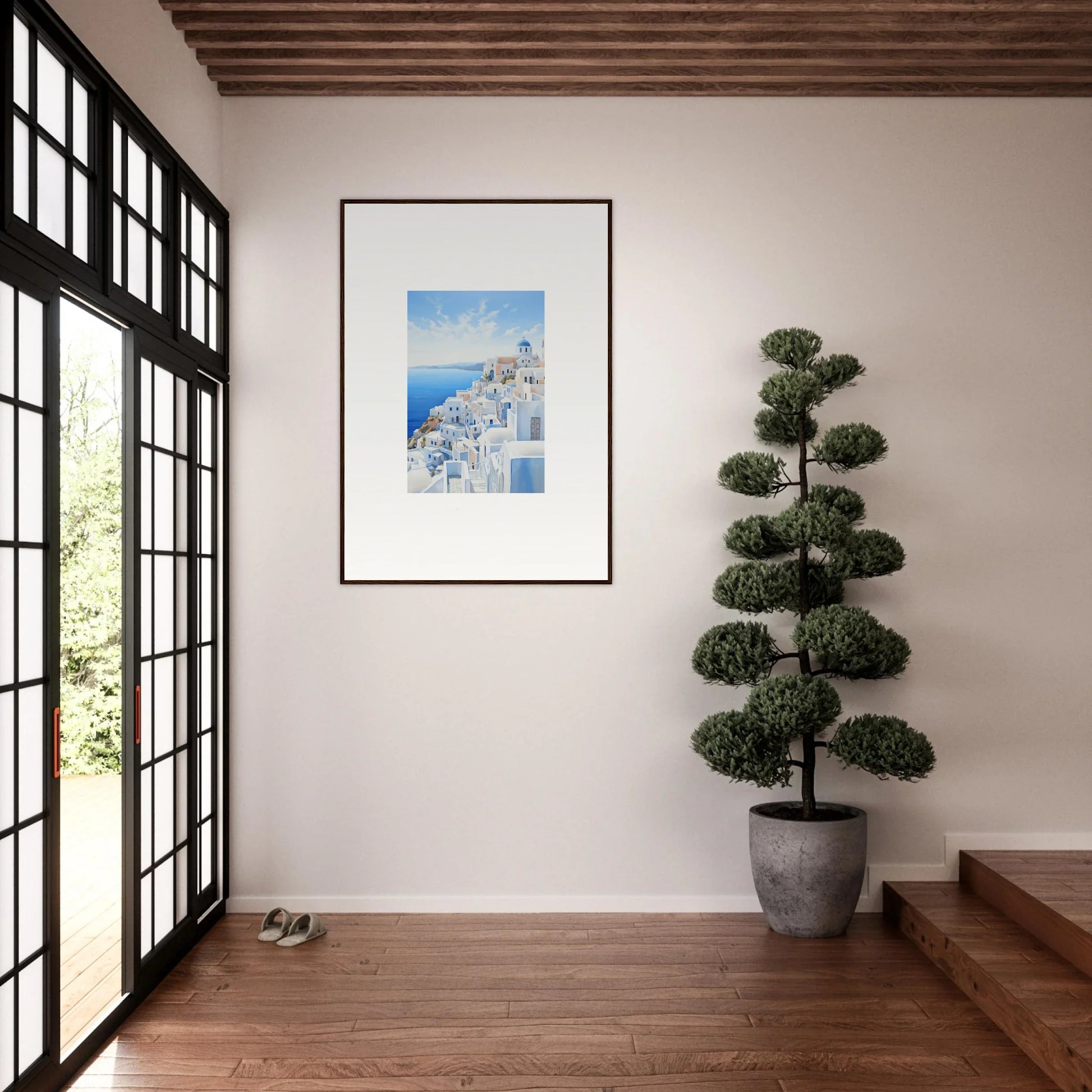 Framed watercolor art of Santorini in the Elysian Horizon Vortex collection