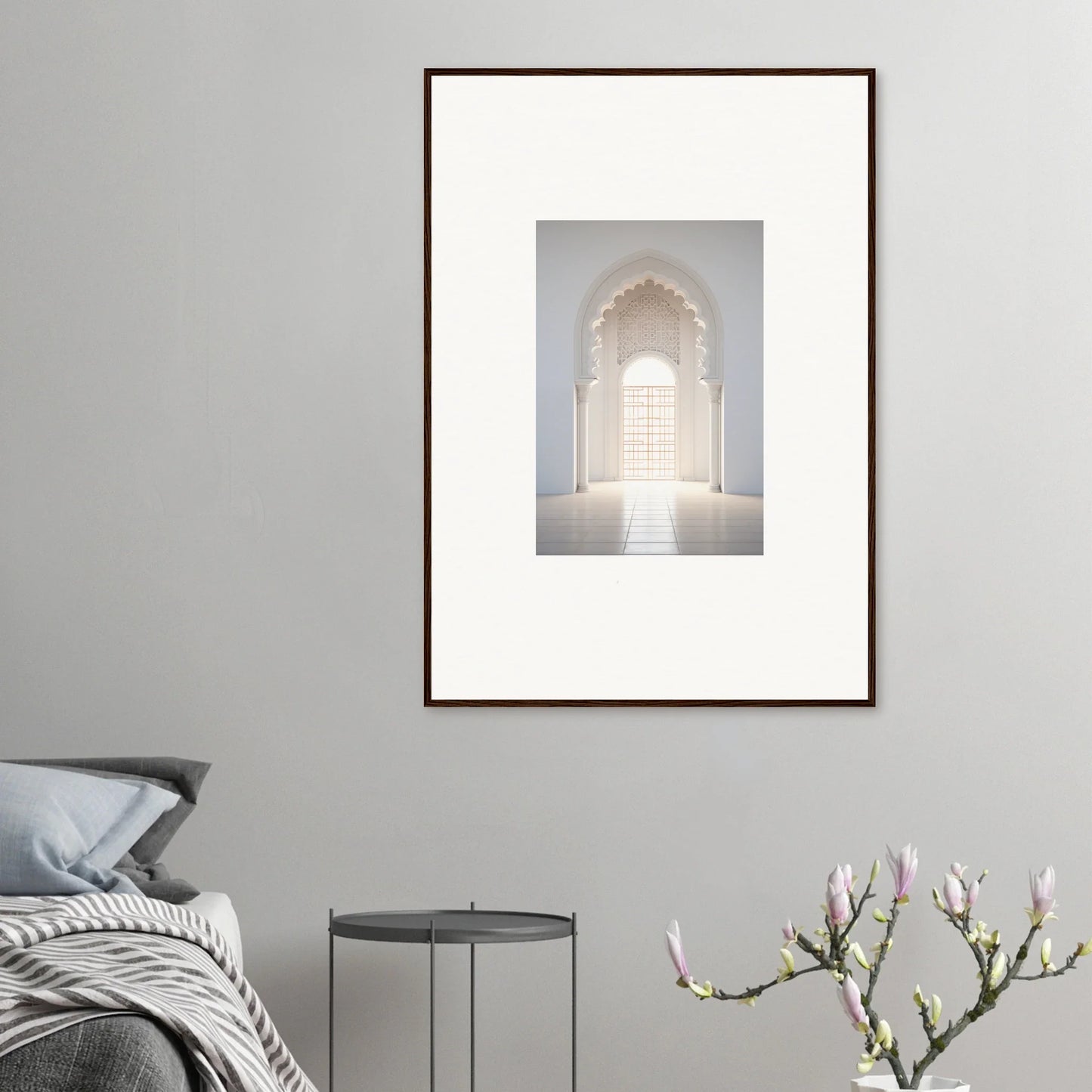 Framed art print of a white doorway in sunlight from Threshold Dreamscapes Portal