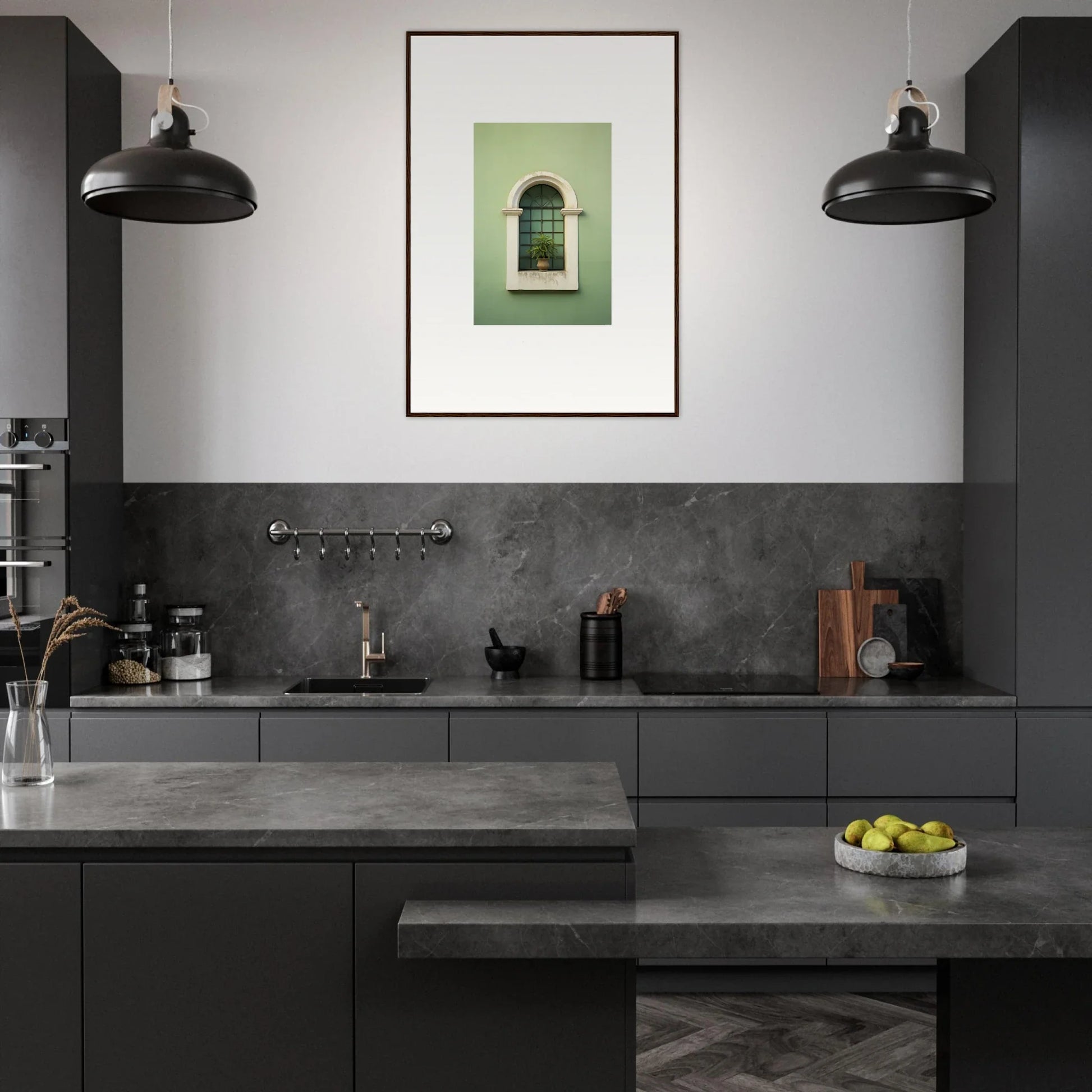 Modern dark grey kitchen featuring Eggshell PandæmonIA Bliss framed wall art