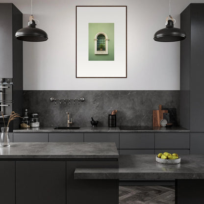 Modern dark grey kitchen featuring Eggshell PandæmonIA Bliss framed wall art