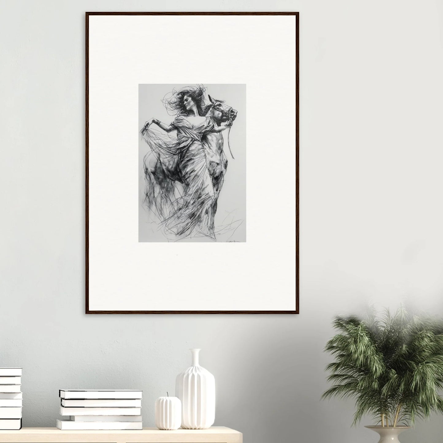 Framed black and white sketch of a flowing figure for Equestrian Ether Euphoria