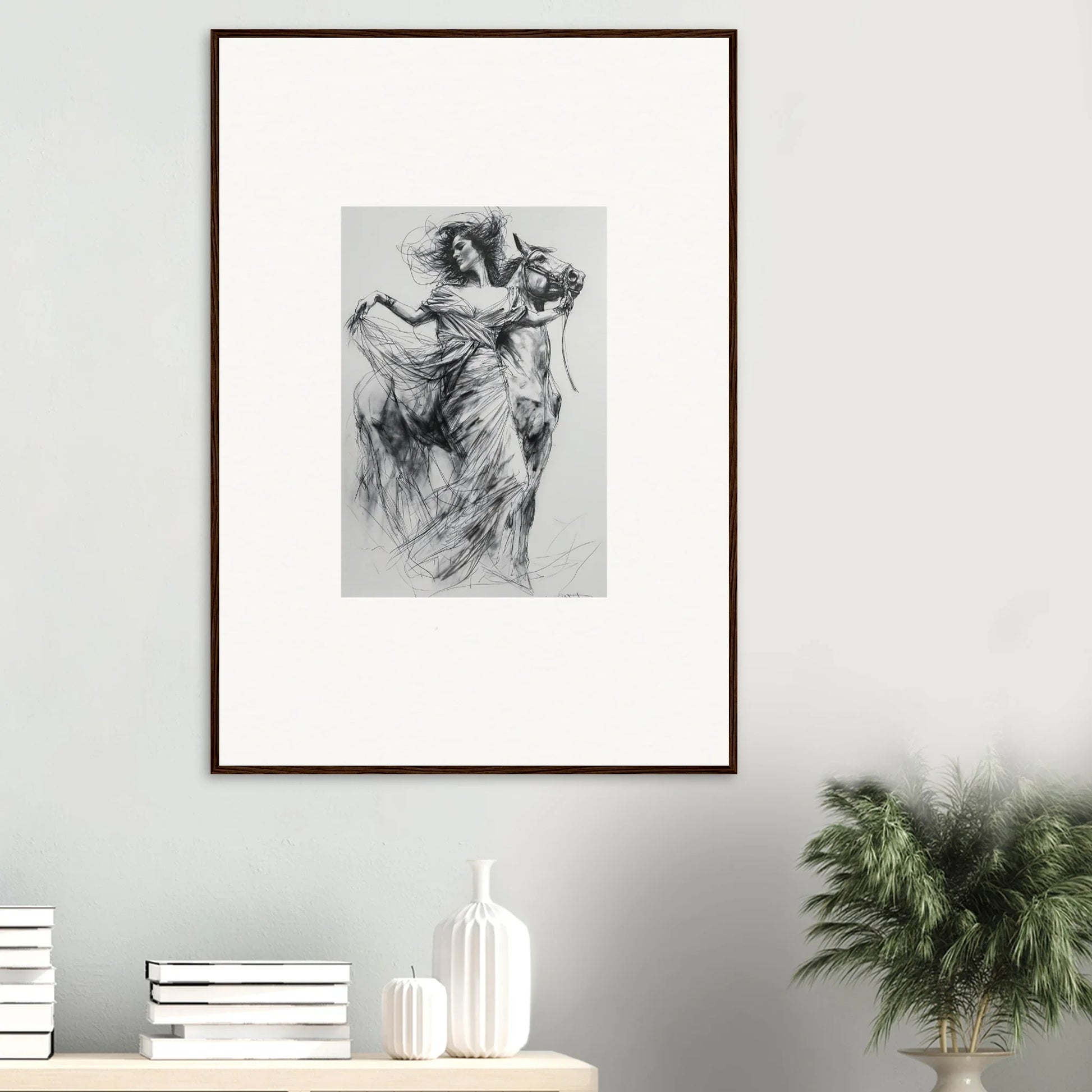 Framed black and white sketch of a flowing figure for Equestrian Ether Euphoria