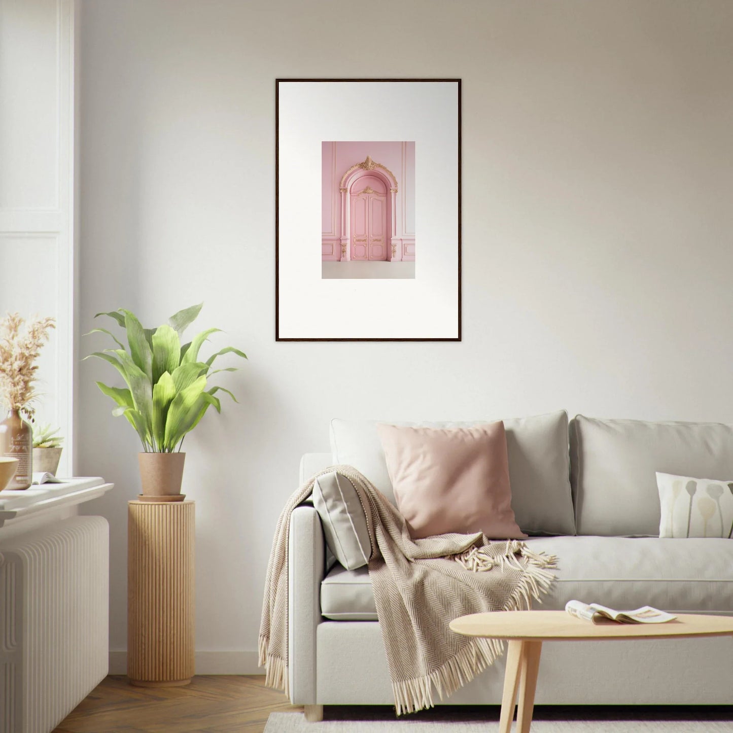 Light gray sofa with pink and beige pillows, perfect for the Paris Dreams Frame vibe