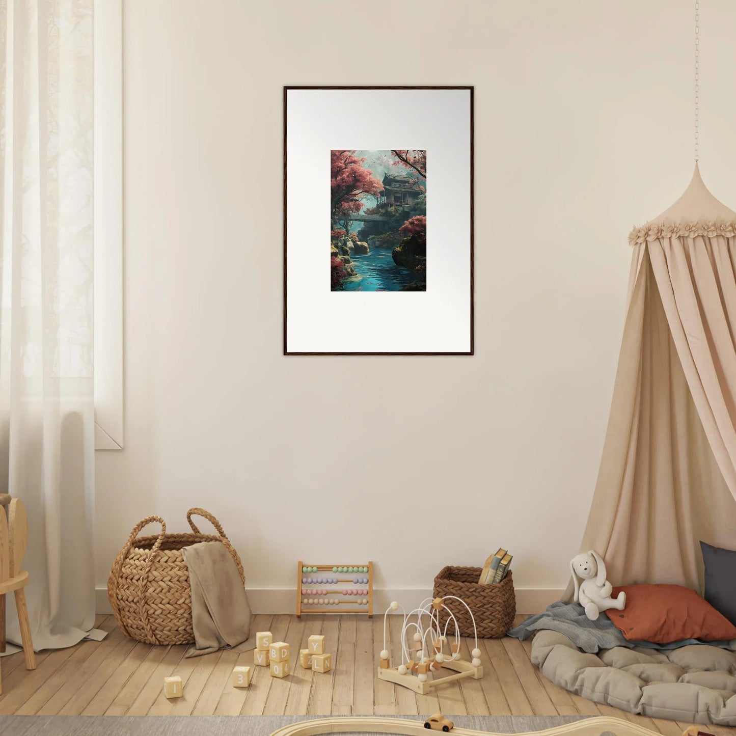 Framed wall art of Zen Dream Symphony with a misty forest in red and turquoise