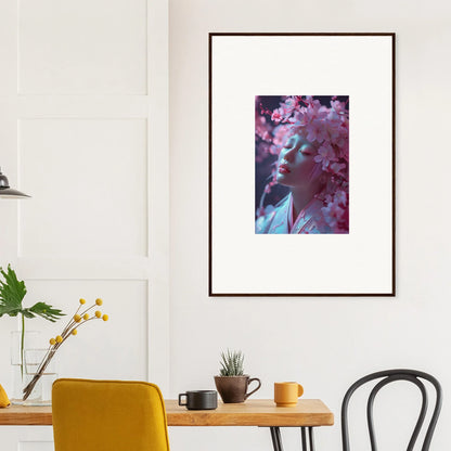 Framed wall art of Sakura Whispers portrait with pink florals for stylish room decoration