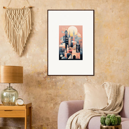 Framed art print of geometric cityscape towers in pink and blue for Ephemeral Castle Whispers