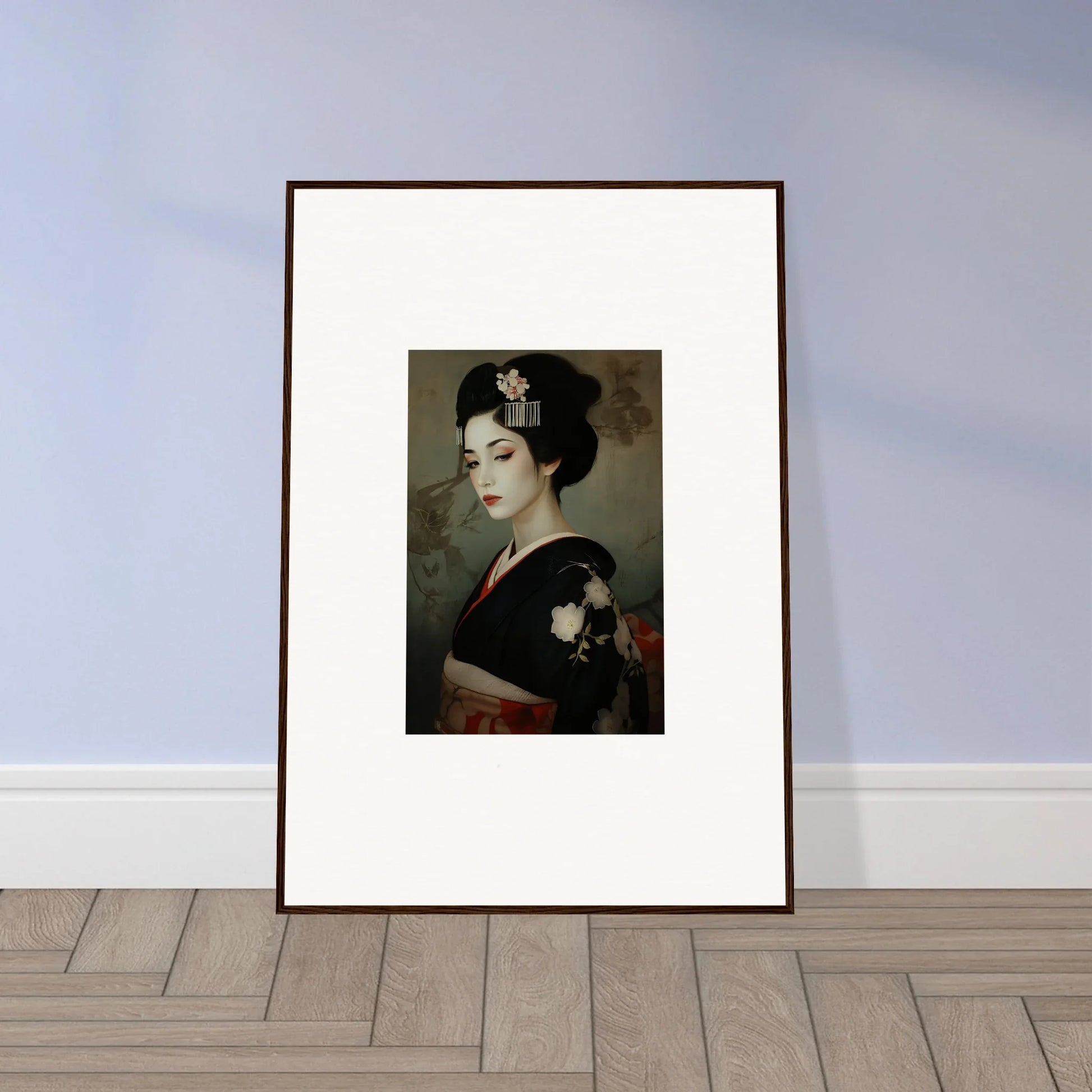 Framed wall art of a geisha in Cherry Dream Surrealism style, perfect for your decor