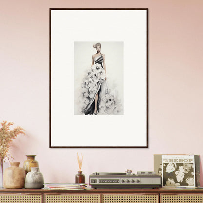 Framed black and white fashion illustration of an elegant gown from Dreamy Blossom Mirage