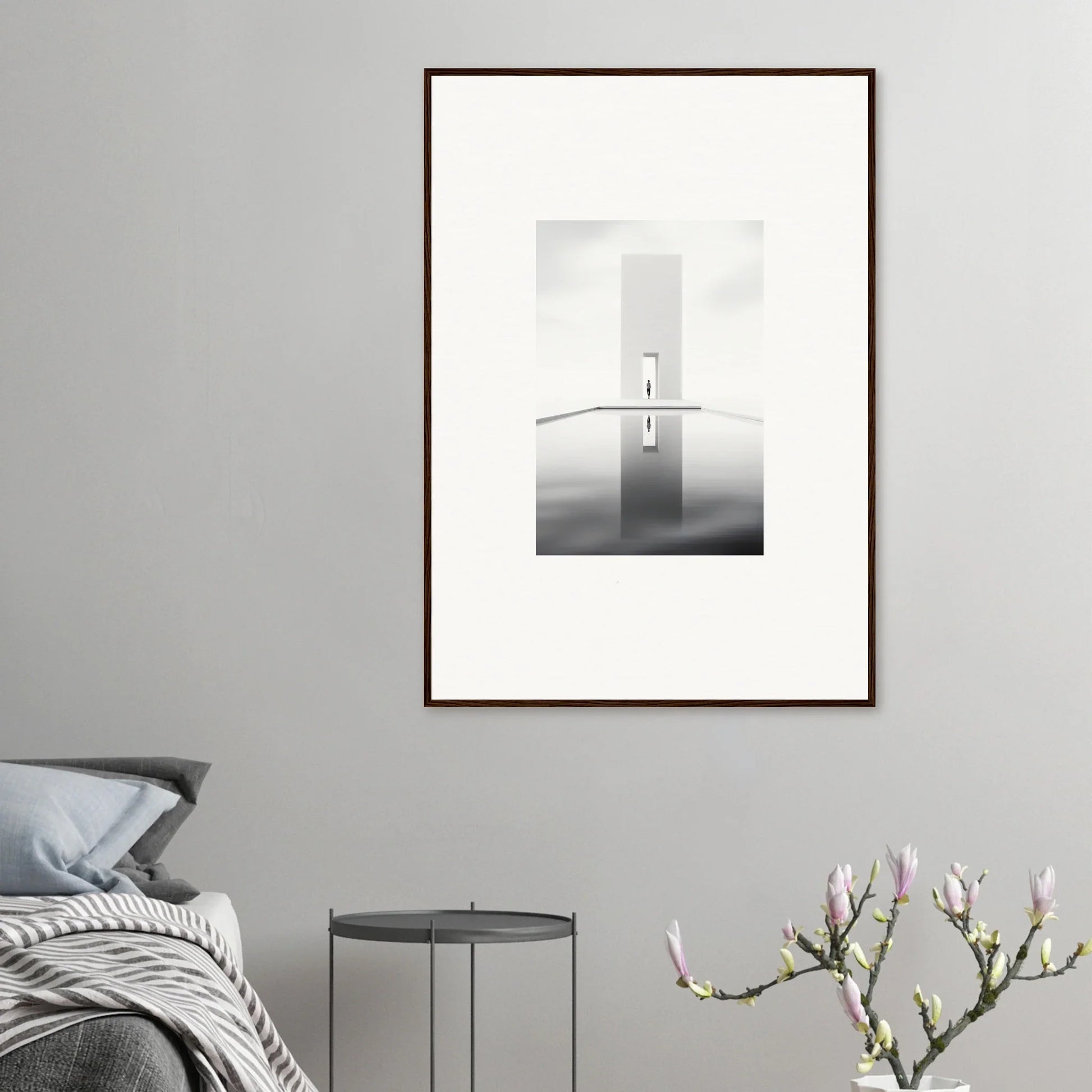 Framed wall art of Dreamer’s Vanishing Silhouette featuring a lone figure on a misty bridge