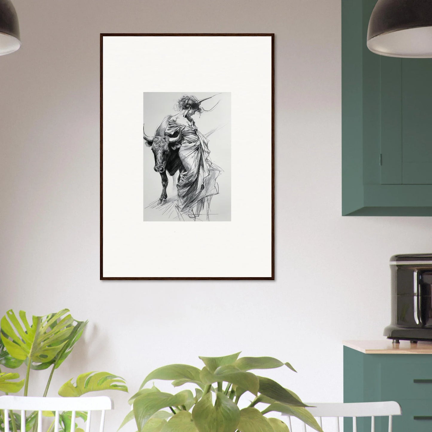 Framed black and white sketch of a person and bull from Minotaur’s Melodic Siesta special edition art™