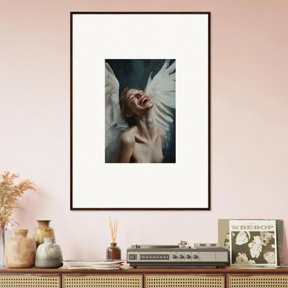 Framed wall art of ecstatic person with feathery elements for vibrant room decoration