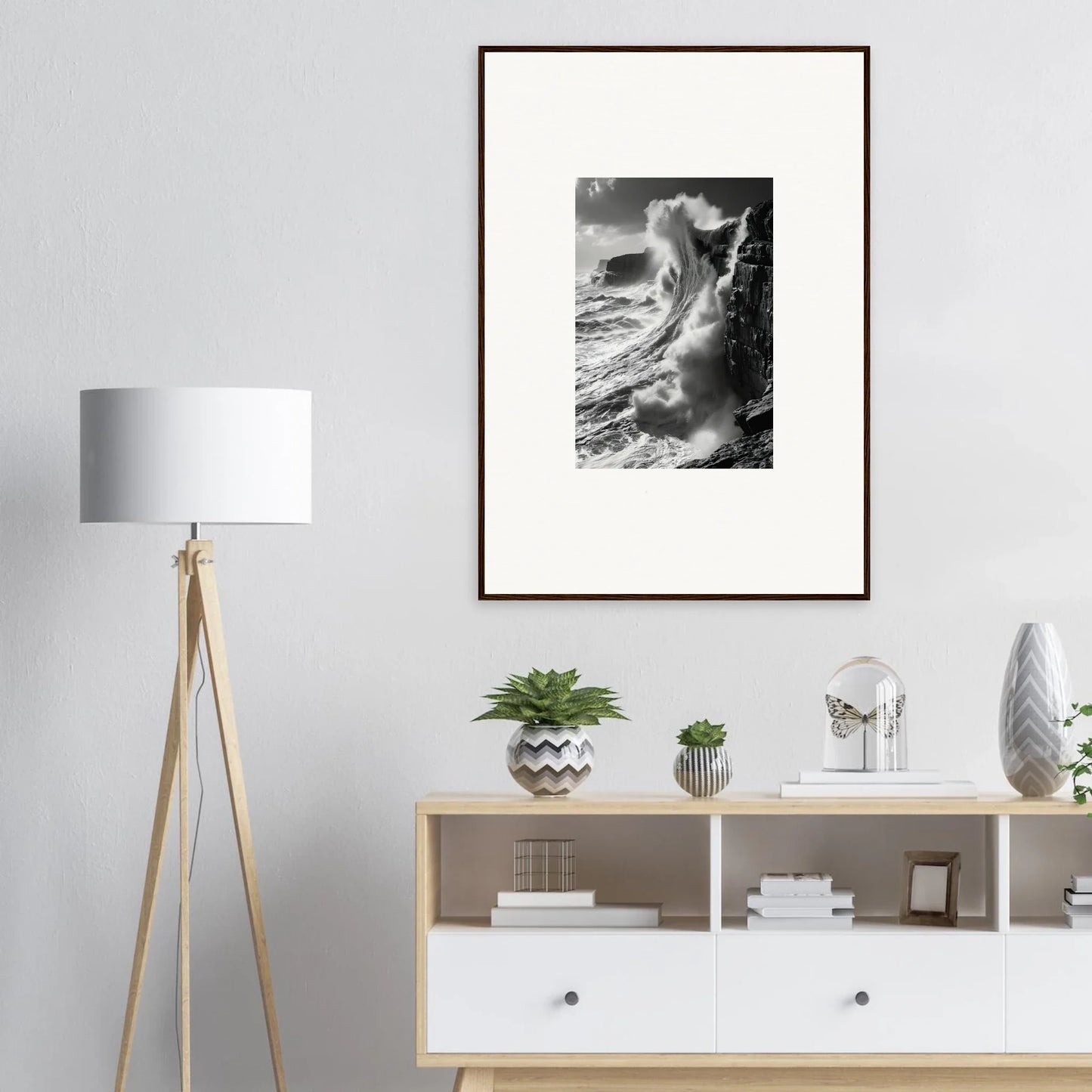 Black and white crashing ocean wave in a frame from Tidal Curved Reality special edition art