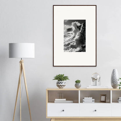 Black and white crashing ocean wave in a frame from Tidal Curved Reality special edition art