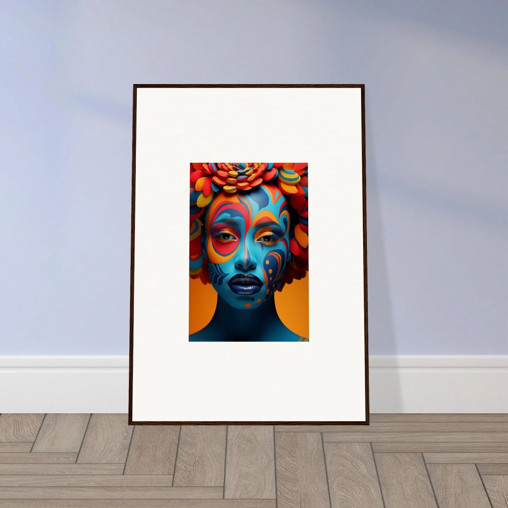 Colorful canvas print of a person with face paint and headdress for vibrant room decoration