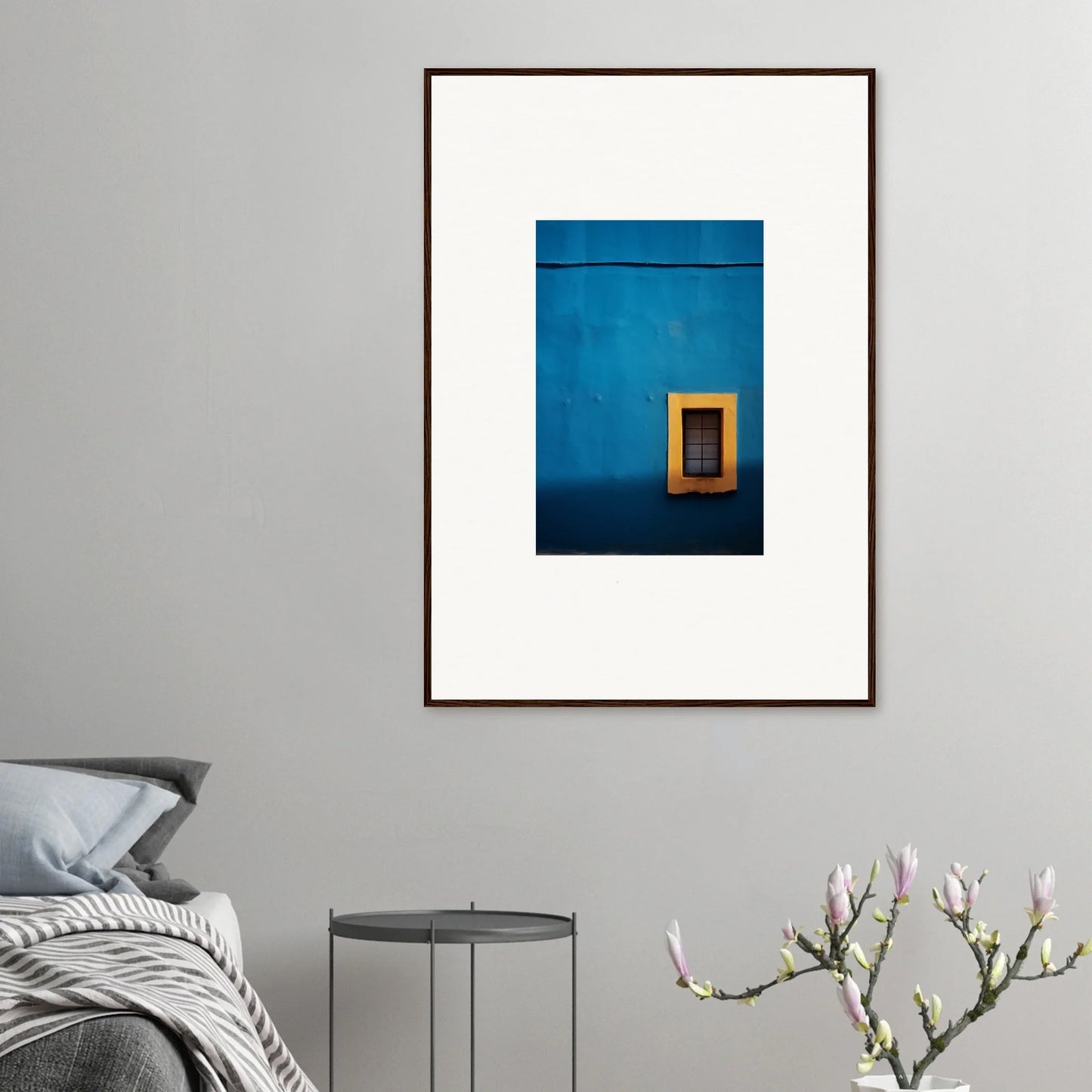 Framed minimalist art of a yellow window on a blue wall from Hypercolor Dreamscape Longitude