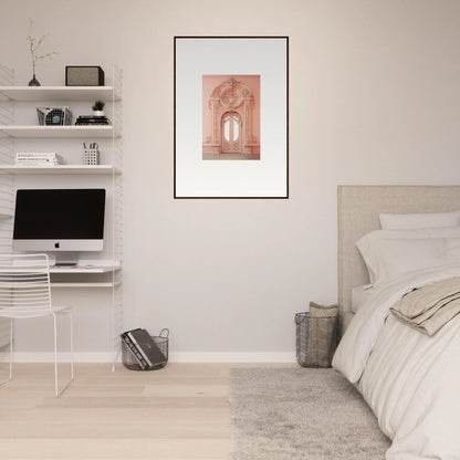 Minimalist bedroom workspace with Ether Pendantia Portal and framed wall art styling