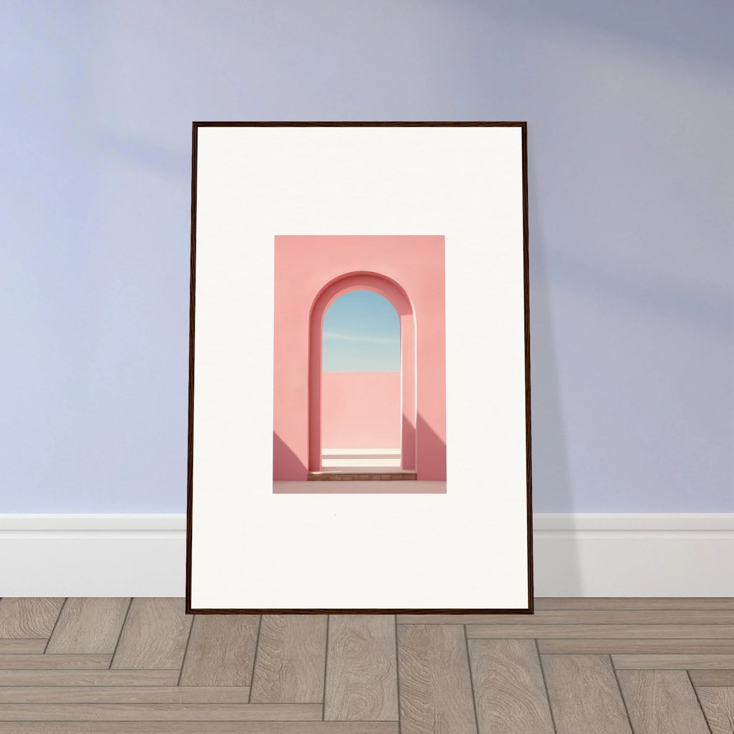 Framed art print of a pink archway under a blue sky from Echo of Horizons