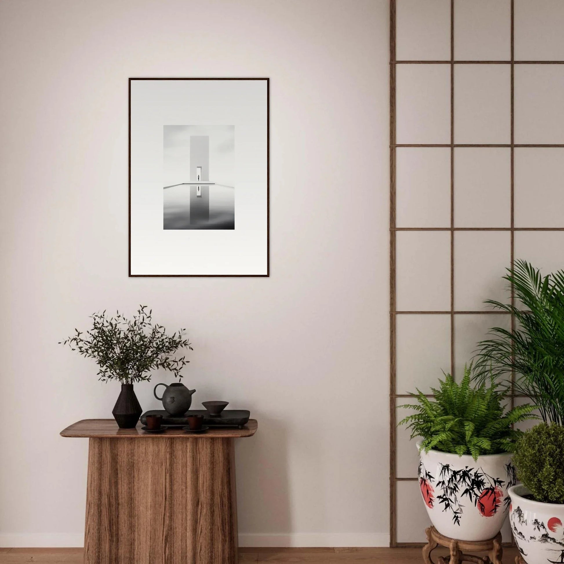 Framed wall art of a lighthouse on beige, part of Dreamer’s Vanishing Silhouette