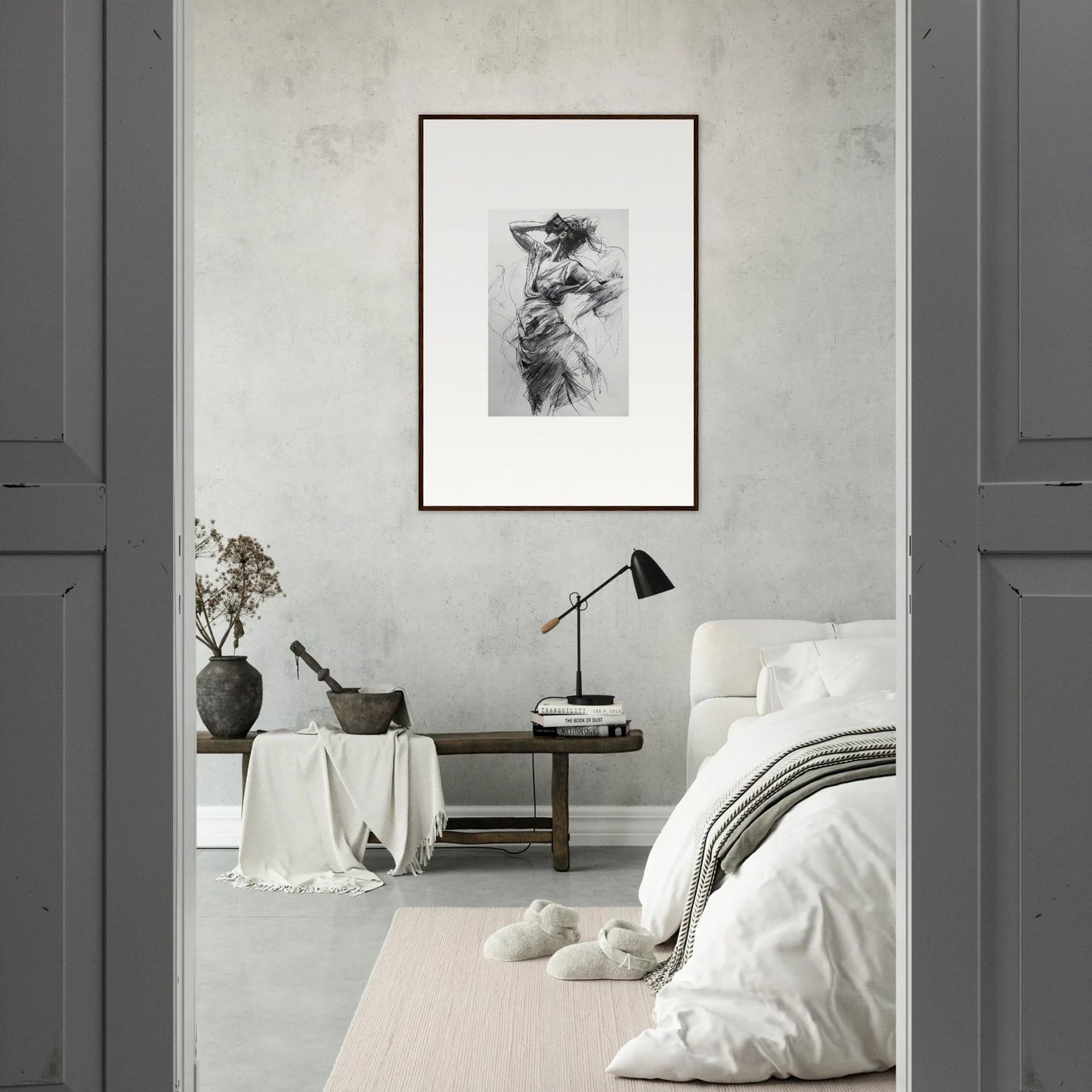 Monochromatic bedroom with minimalist decor featuring Sketch Mirage Matinee artwork