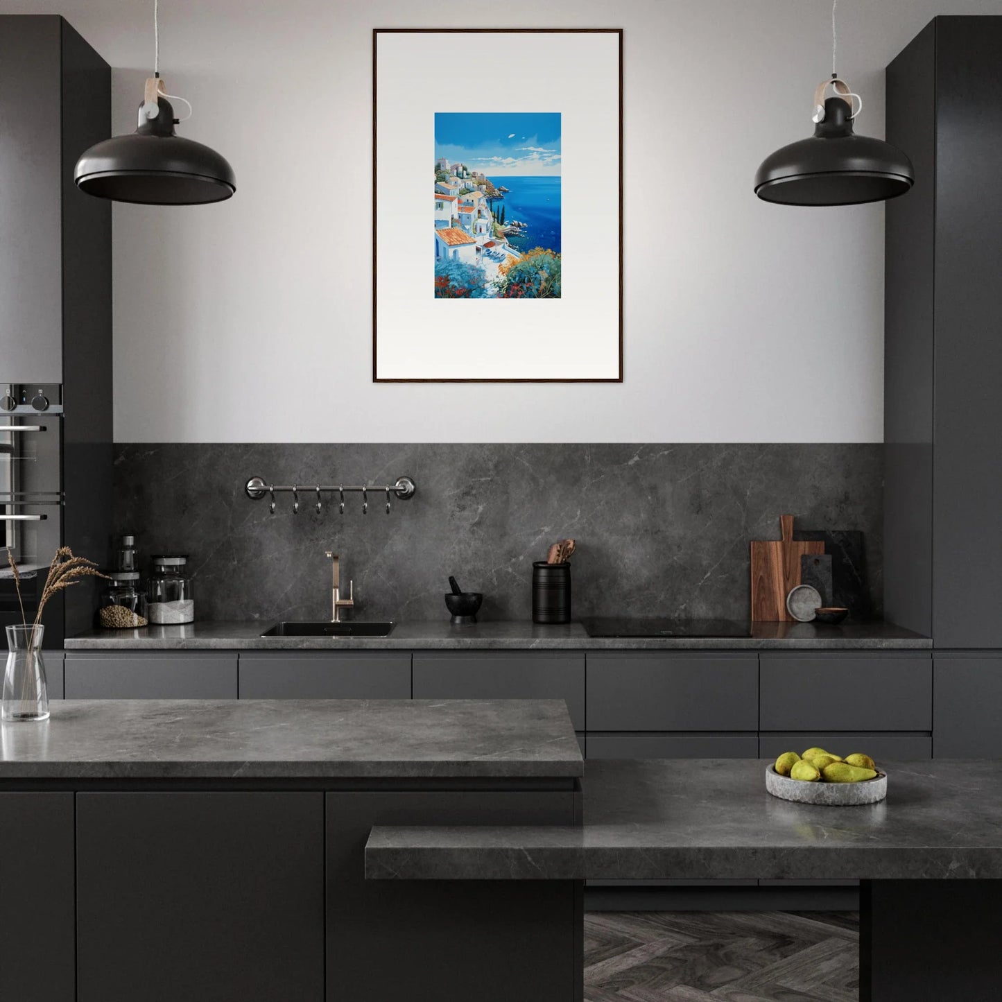 Modern dark gray kitchen featuring industrial lights and Mediterranean artwork from Sunlit Dreamscape Promise