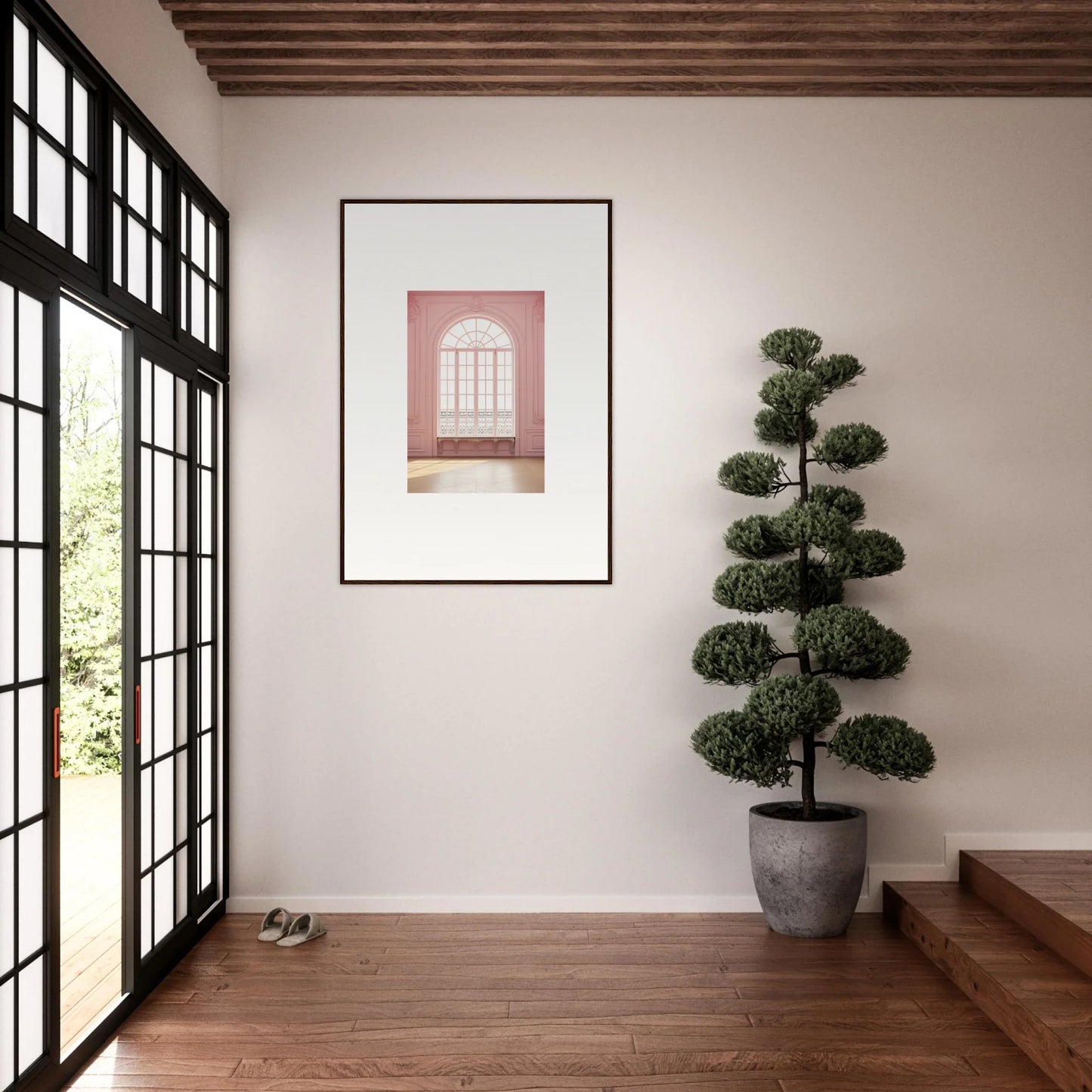 Framed wall art of a pink-tinted window from Ether Balcon Evolvement collection