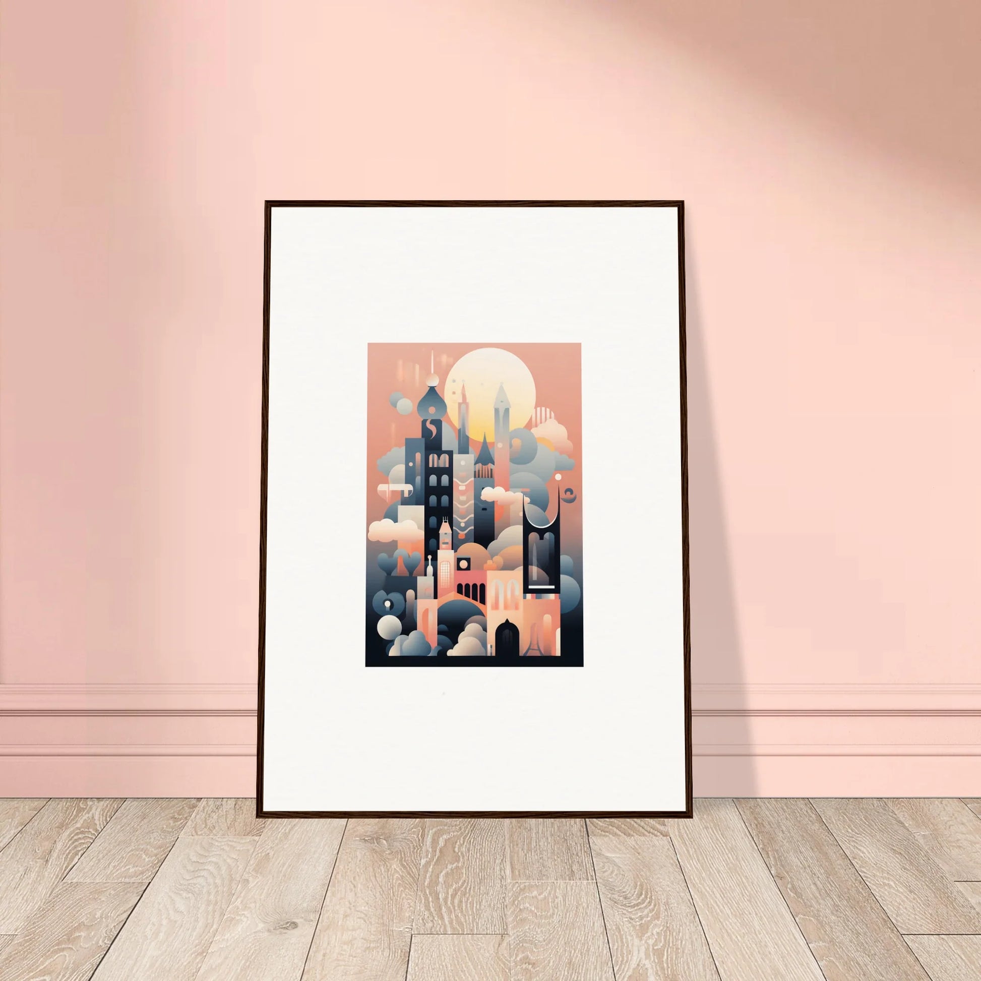 Framed art print of Ephemeral Castle Whispers in coral and blue with a full moon