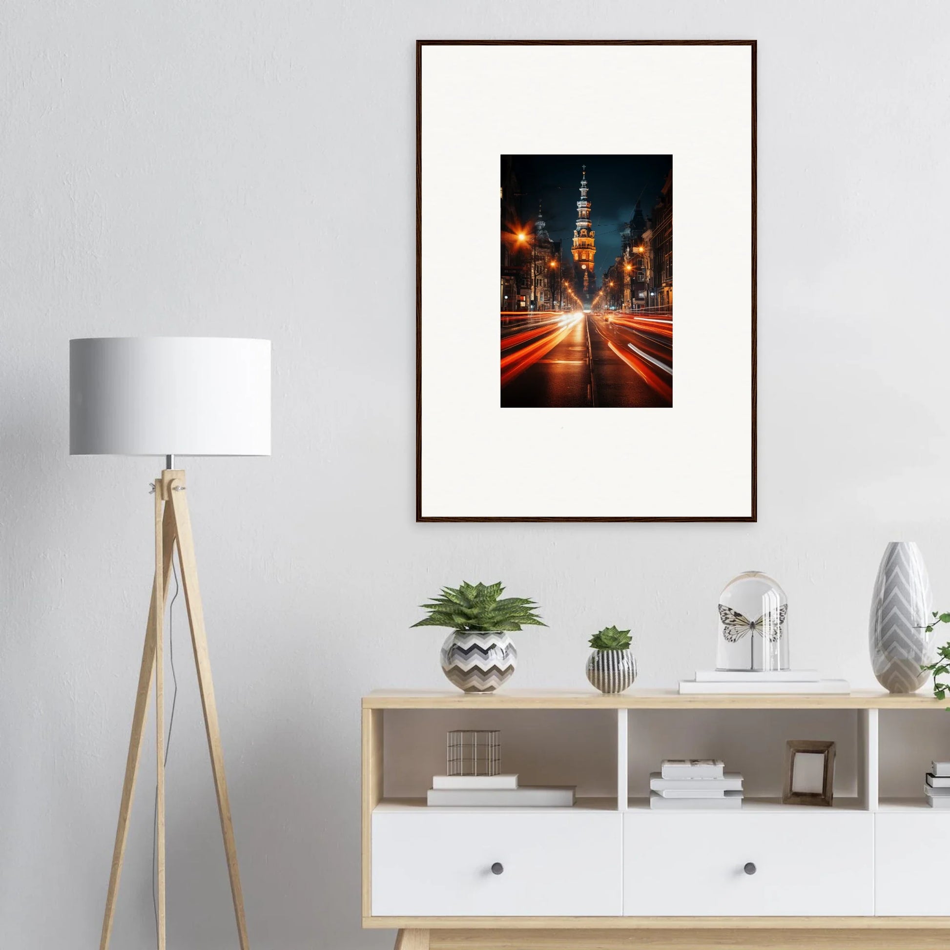 Framed cityscape with light trails and a church spire in Umbra Urban Nocturne art™