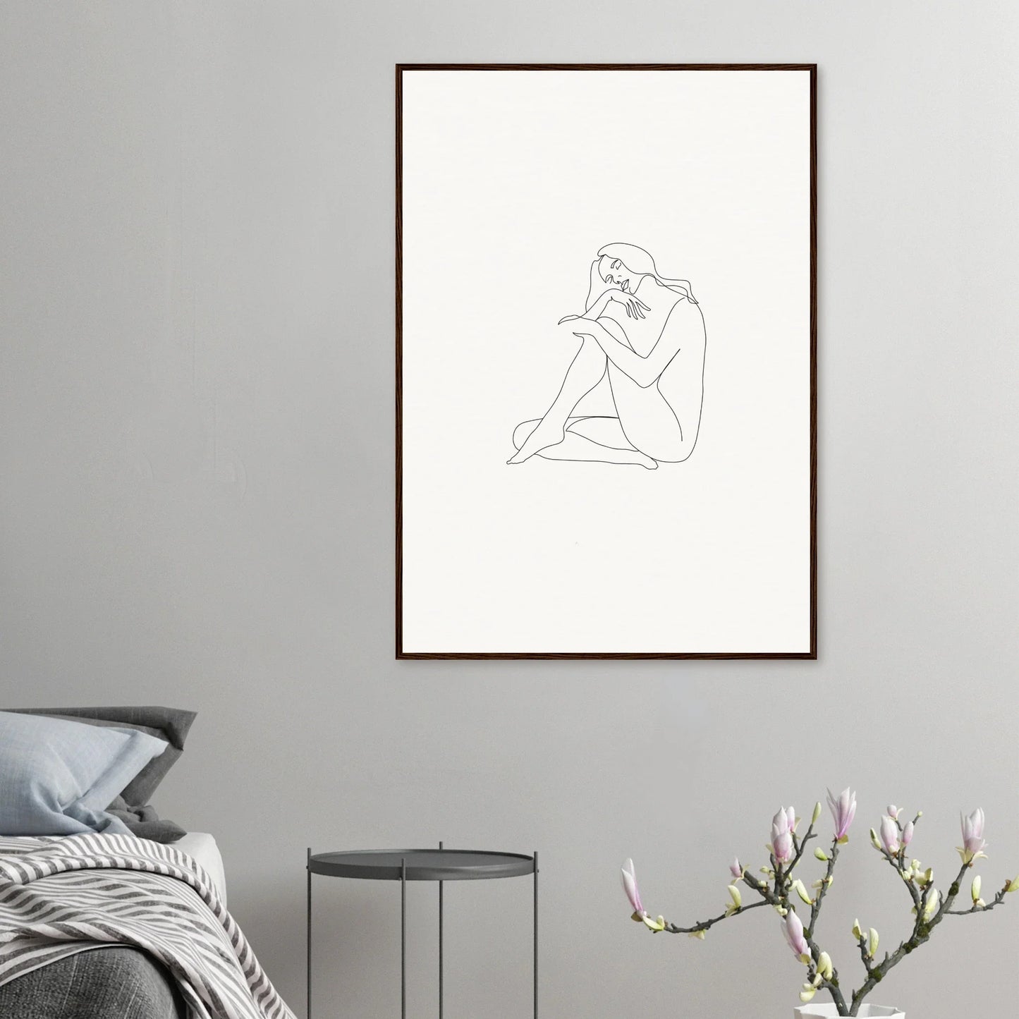 Simple line drawing of a seated figure in a mindful dream tangles framed wall art